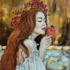 Red-haired girl with bullfinch bird