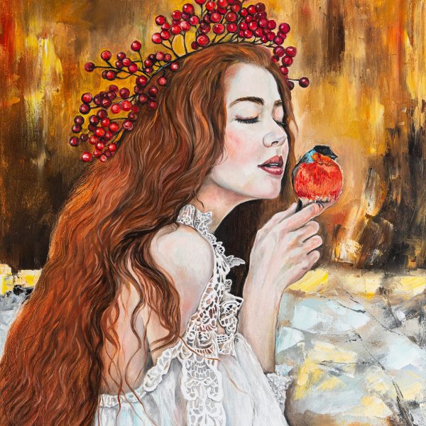 "Girl with bullfinch bird"